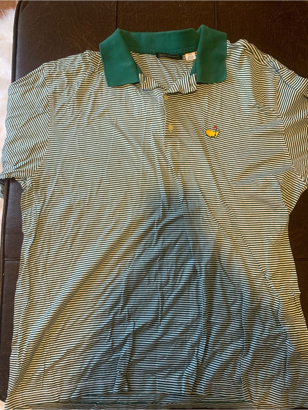 Masters Green and White Striped Polo with Dark Green Collar